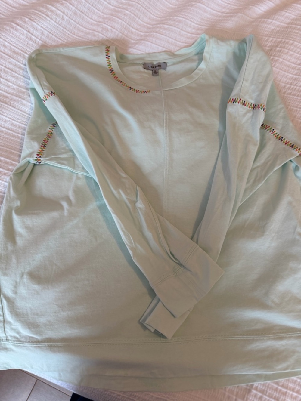 Lisa Todd Mint Crewneck Top with Rainbow Zigzag Stitch